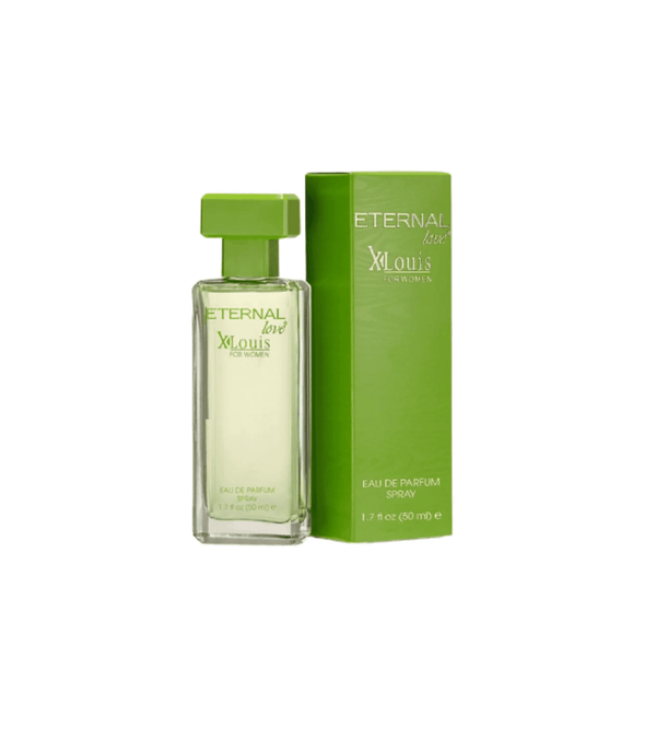 Green perfume bottle and packaging labeled 'Eternal Love' on a white background