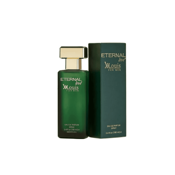 Green perfume bottle and packaging with 'Eternal Love X Louis' text on a white background