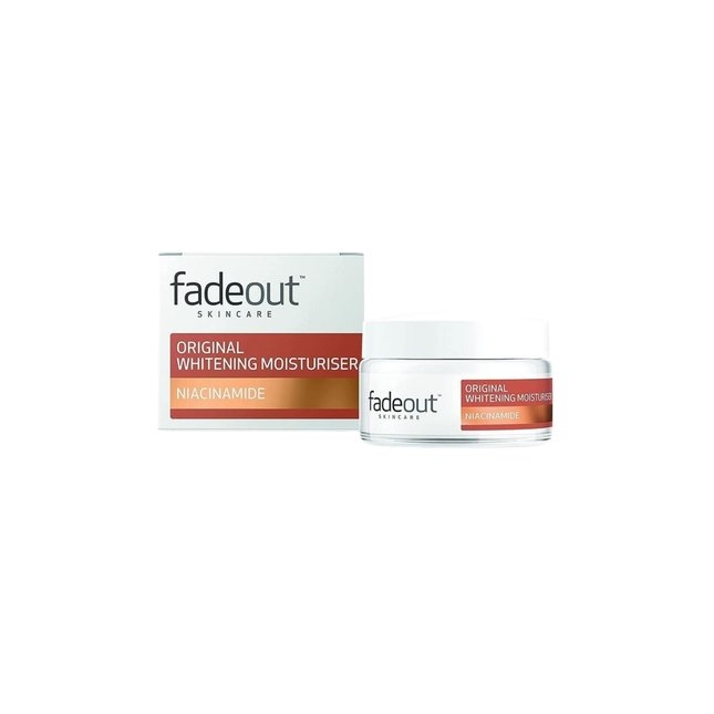 Two bottles of 'fadeout' Original Whitening Moisturizer on a white background