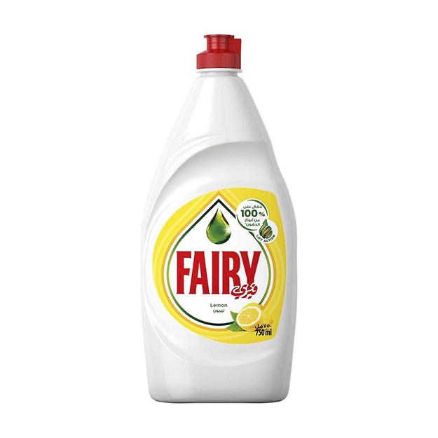 Fairy dishwashing liquid bottle with lemon scent on a white background