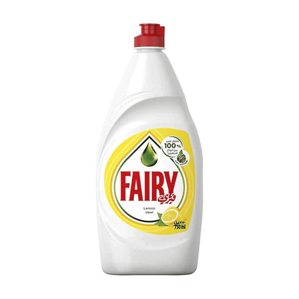 Fairy dishwashing liquid bottle with lemon scent on a white background