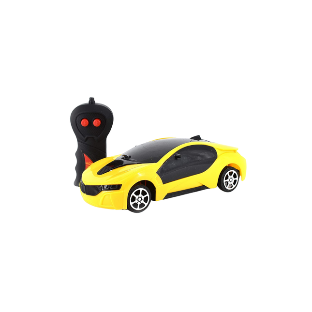 Yellow toy car with a remote control on a white background