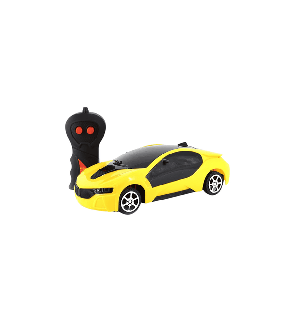 Yellow toy car with a remote control on a white background