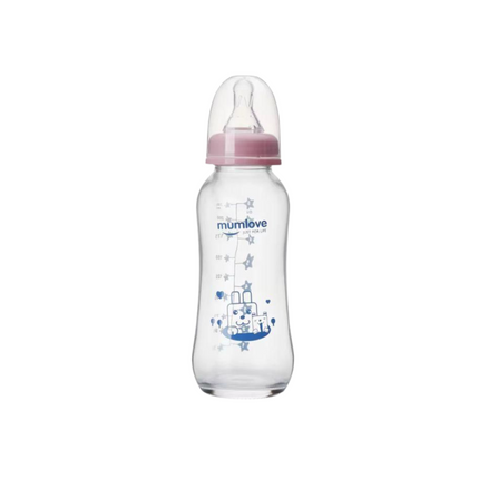 Baby bottle with pink cap and blue designs on a white background