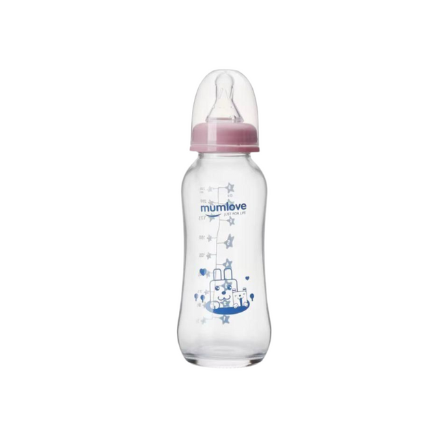 Baby bottle with pink cap and blue designs on a white background
