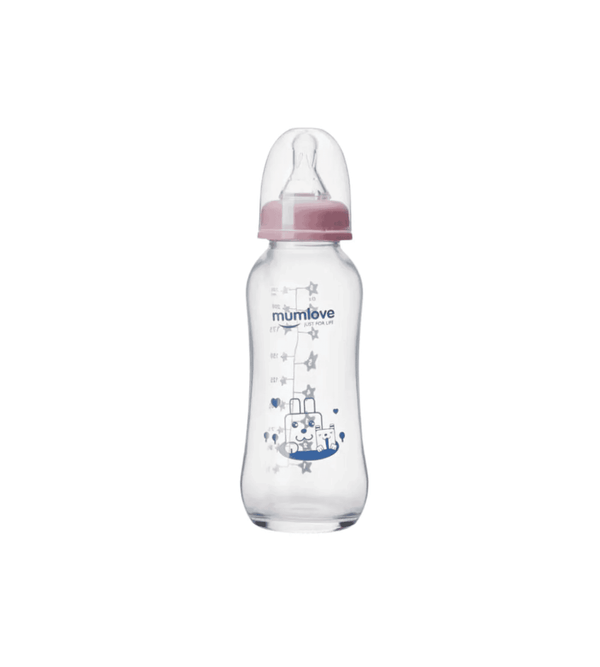 Baby bottle with pink cap and blue designs on a white background