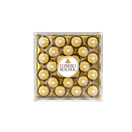 Pack of Ferrero Rocher chocolates in clear packaging on a white background