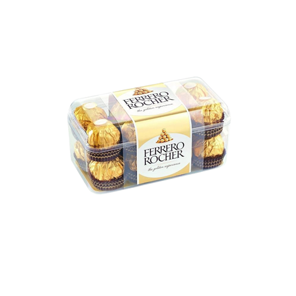 Ferrero Rocher chocolate set in a clear plastic box on a white background