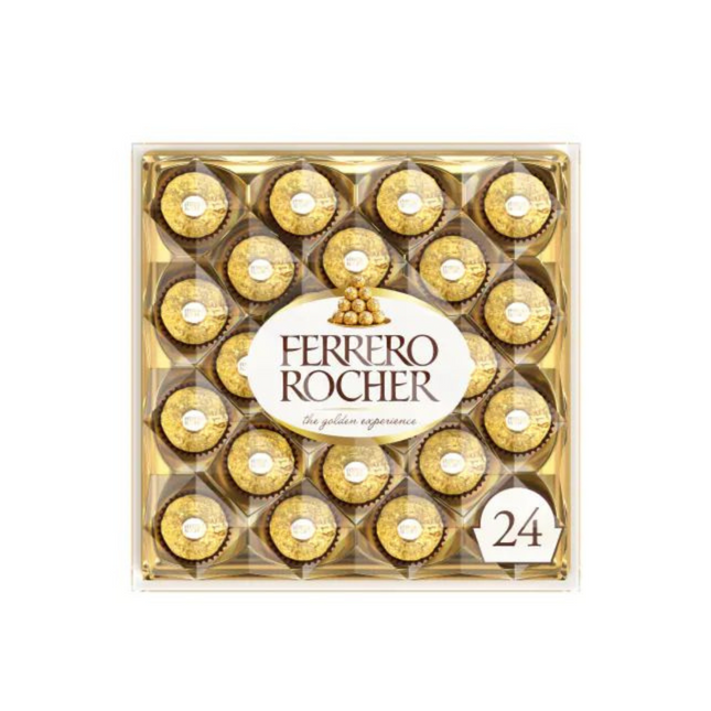 Ferrero Rocher chocolate box with 24 pieces on a white background