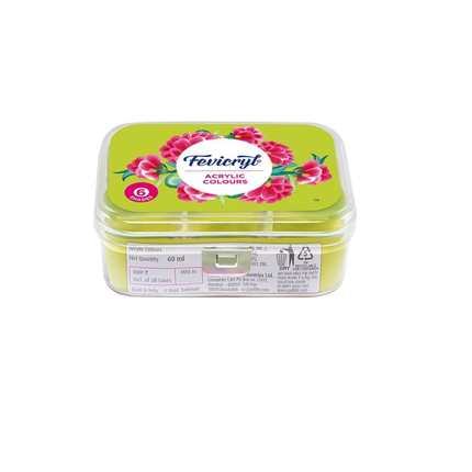 Fevicryl acrylic colors tin with floral design on a white background