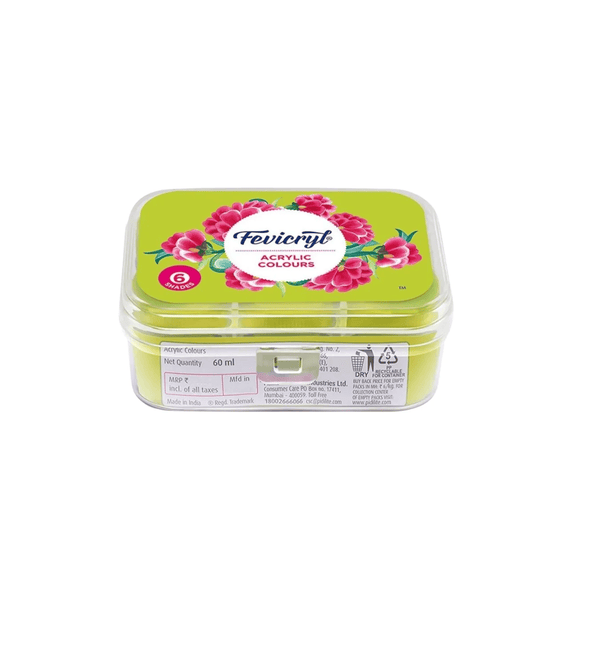 Fevicryl acrylic colors tin with floral design on a white background