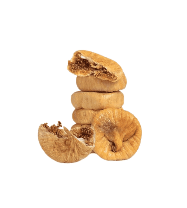 Stack of dried figs on a white background
