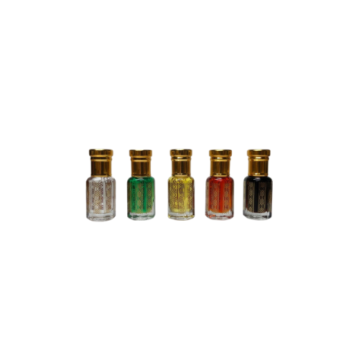 Five small perfume bottles with gold caps on a white background