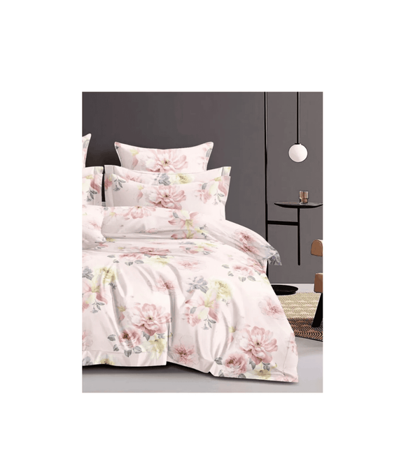 Floral bedding set with pillows on a bed in a bedroom setting.