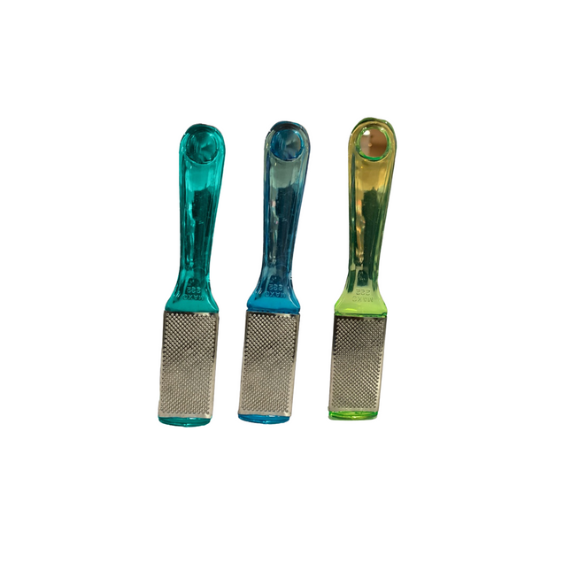 Three handheld scrubbers with green and blue handles on a white background