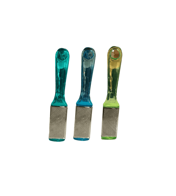 Three handheld scrubbers with green and blue handles on a white background
