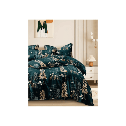 Floral patterned comforter set on a bed in a bedroom setting
