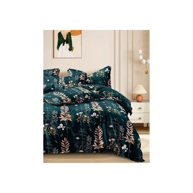 Floral patterned comforter set on a bed in a bedroom setting