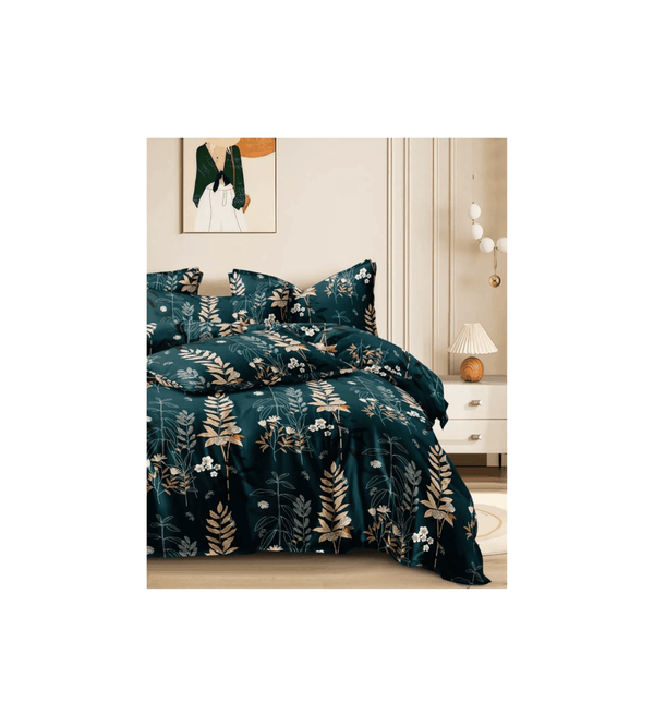 Floral patterned comforter set on a bed in a bedroom setting