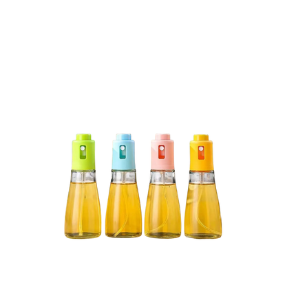 Four colorful oil dispensers with different colored tops on a white background
