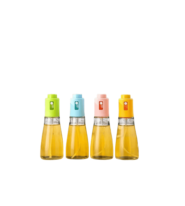 Four colorful oil dispensers with different colored tops on a white background