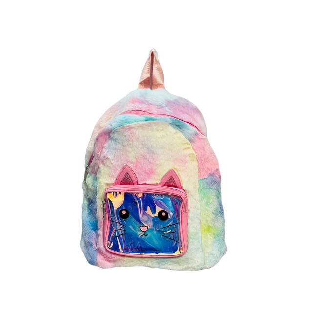Colorful backpack with a cat-themed front pocket on a white background