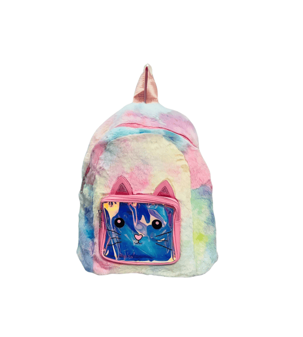 Colorful backpack with a cat-themed front pocket on a white background