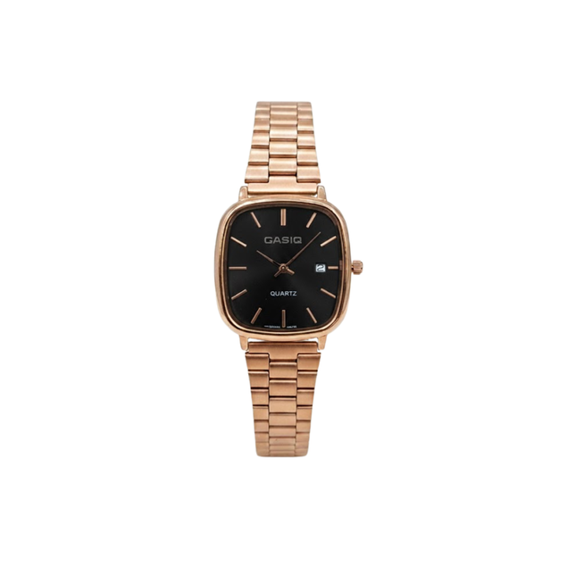 Rose gold Casio watch with black face on a white background