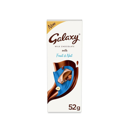 Galaxy milk chocolate bar packaging with 'Fruit & Nut' flavor on a white background
