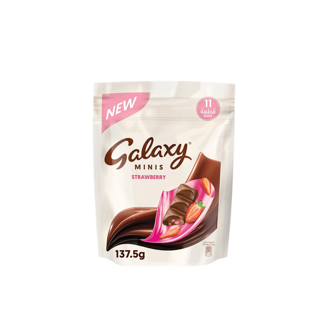 Packaging of Galaxy Minis Strawberry chocolate on a white background