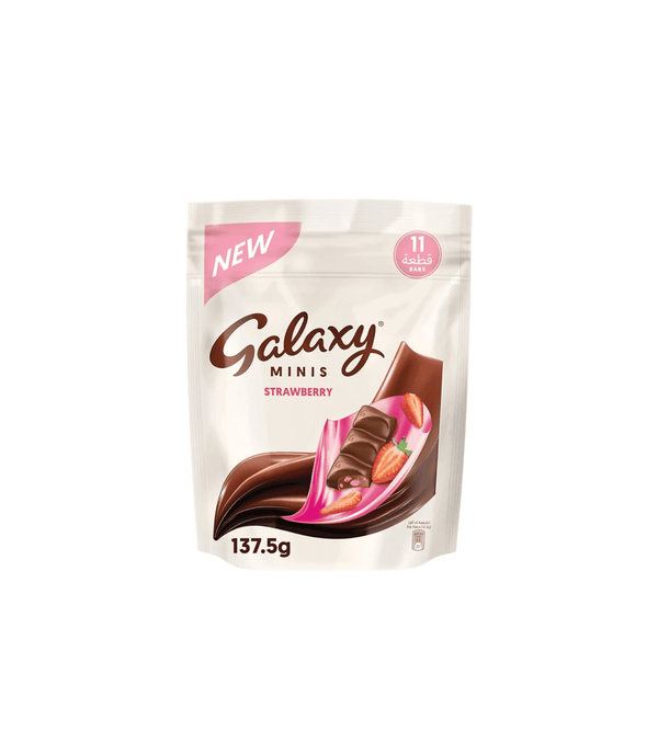 Packaging of Galaxy Minis Strawberry chocolate on a white background