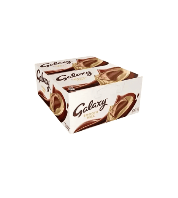 Box of Galaxy chocolate bars on a white background