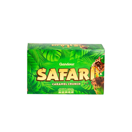 Gandour Safari Caramel Crunch packaging with green design and candy imagery on a white background