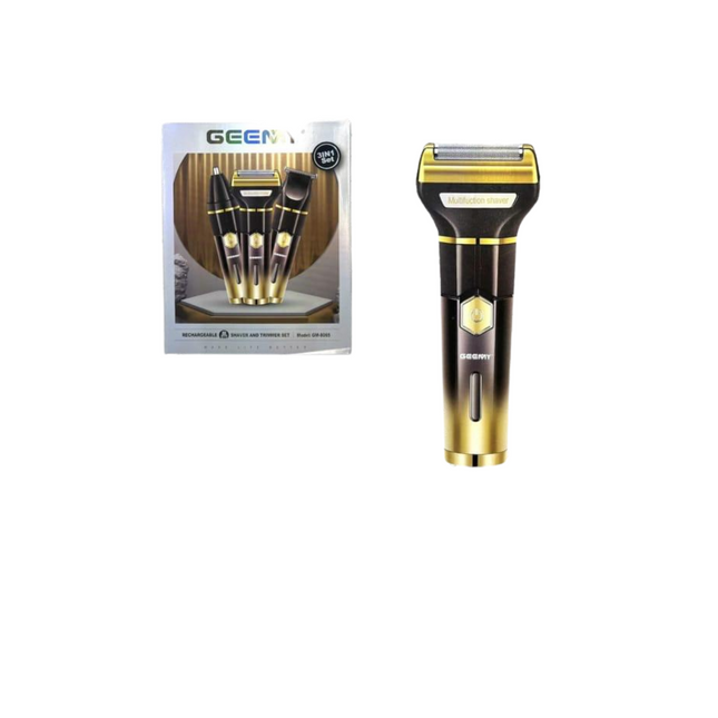 Gold and black electric shaver with packaging on a white background