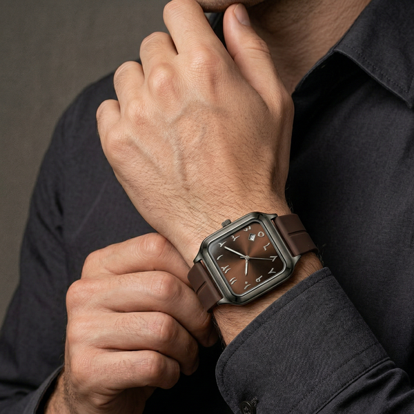 Person wearing a dark brown wristwatch with a neutral background
