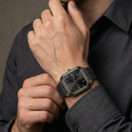 SABR Sqaure Daial Metal Black Case Silicone Strap Watch with Date