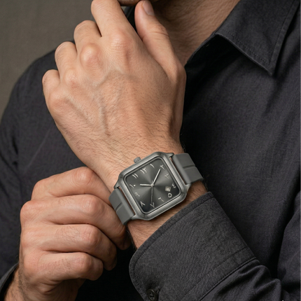 SABR Sqaure Daial Metal Black Case Silicone Strap Watch with Date