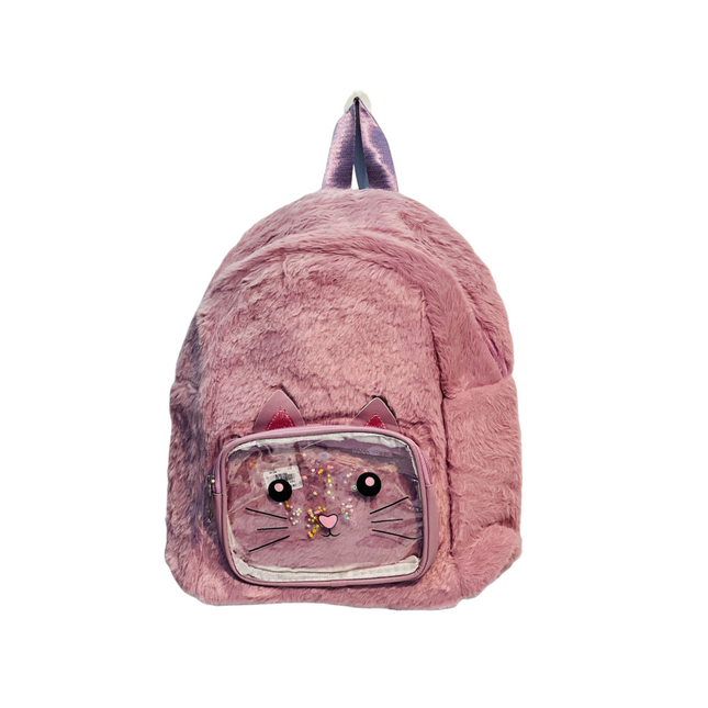 Pink plush backpack with a clear front pocket on a white background