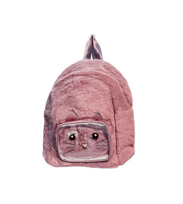 Pink plush backpack with a clear front pocket on a white background