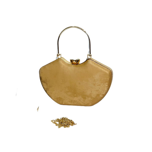 Gold handbag with a chain detail on a white background