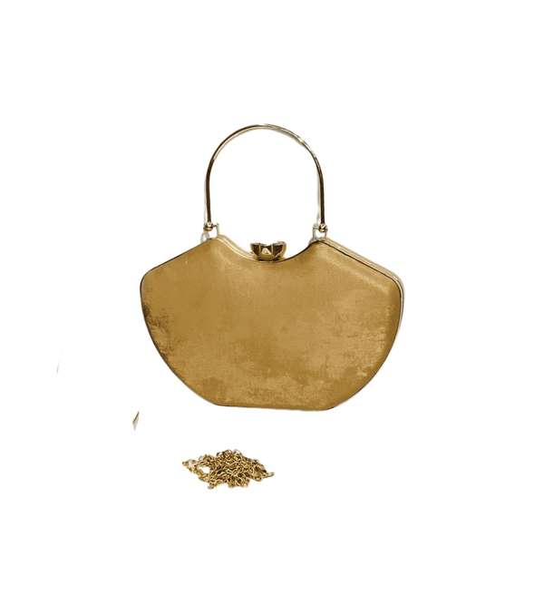 Gold handbag with a chain detail on a white background
