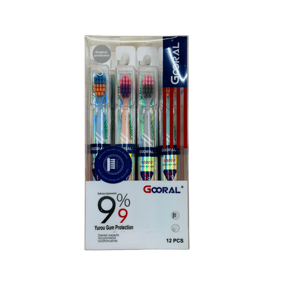 Pack of Gooral toothbrushes with colorful bristles in a box on a white background