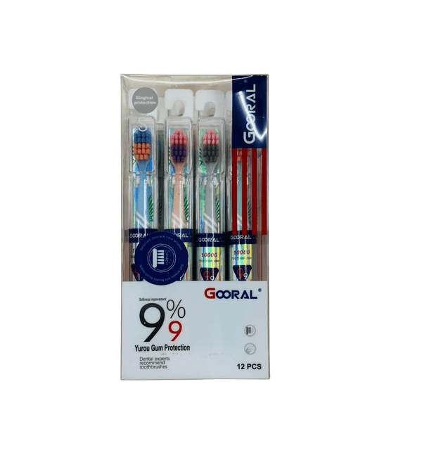 Pack of Gooral toothbrushes with colorful bristles in a box on a white background