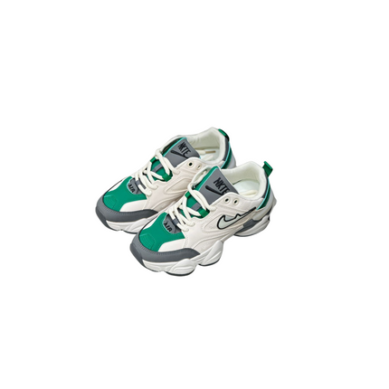 Pair of green and white sneakers on a white background