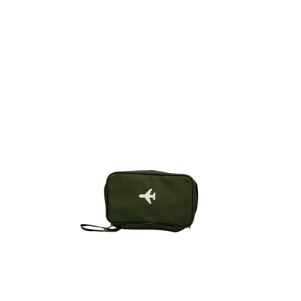 Green travel pouch with a white logo on a white background