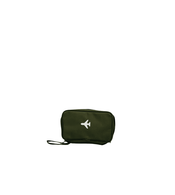 Green travel pouch with a white logo on a white background