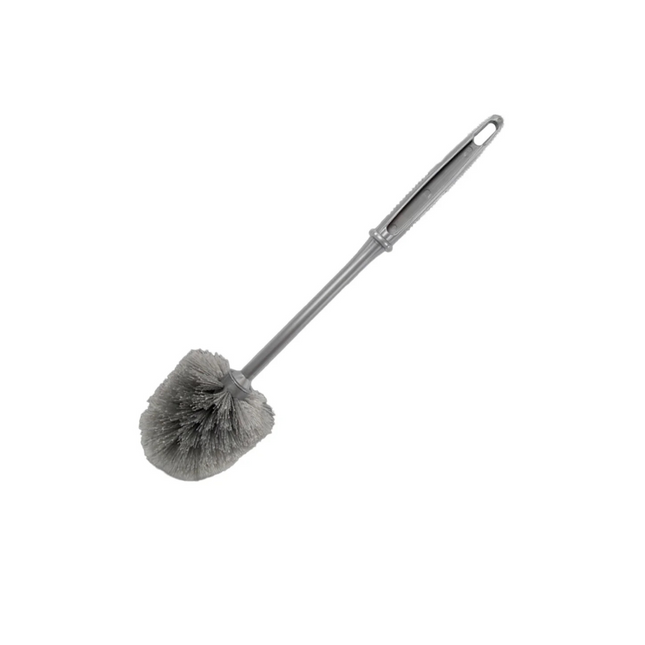 Gray toilet brush with a long handle on a white background