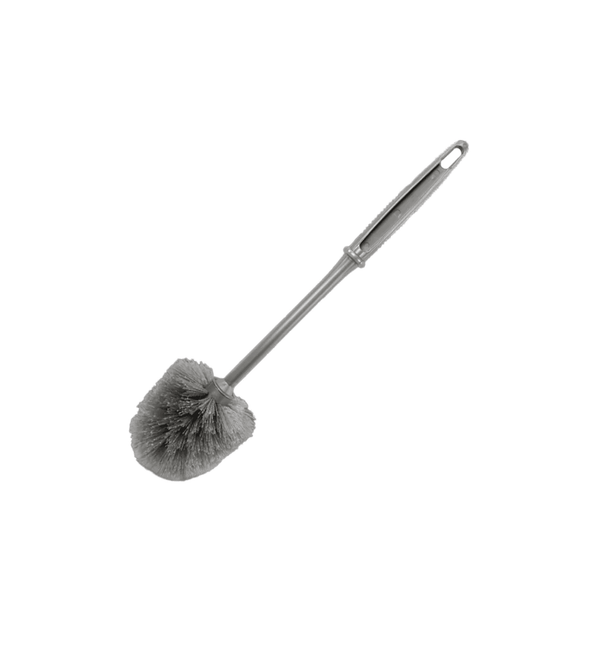 Gray toilet brush with a long handle on a white background