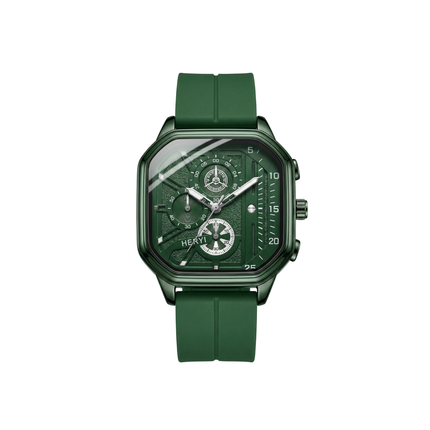 Green watch with a detailed face on a white background