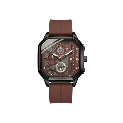 Watch with brown strap and detailed face on a white background